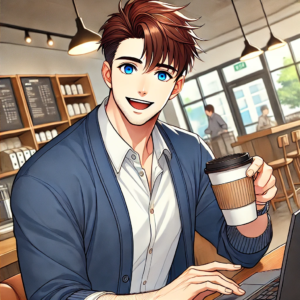 Joyful Jeremy Character Drinking a Coffee while on a laptop in a coffee shop